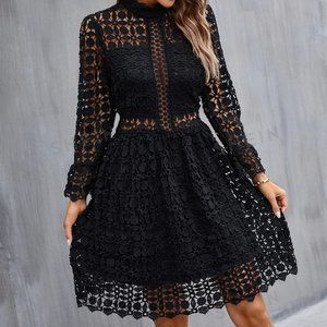 Black Boho Womens' Long Sleeve Guipure Lace Dress